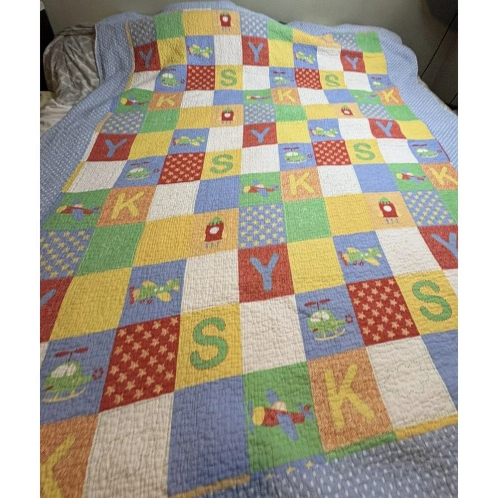 Quilt Airplane Sky Helicopter Blue Green Checkered Back Flaw 68”79” Twin